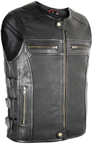 MDM Chaleco de piel auténtica con cremallera, Negro , XXXL