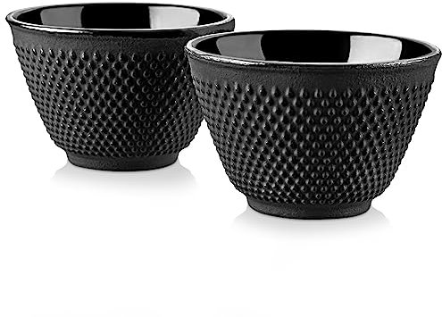 Velaze Teetasse aus Gusseisen, Asiatische Teebecher 2er Set, Japanisch Tee Tasse Set, Innen emailliert, Traditionelles Design, Tasse für Teetrinken, Schwarz, Ø 8cm 120ml x 2 Stück
