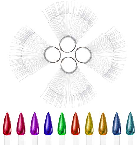 200pcs Clear Stiletto Nail Swatch Sticks, Fan-shaped Display Tips with Metal Ring Acrylic Practice Holder for Gel Polish Art Salon Beginners