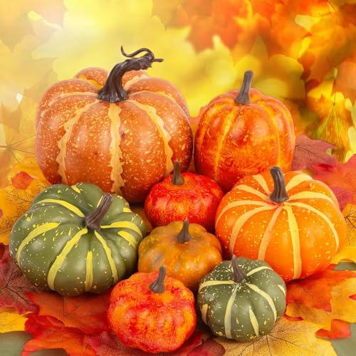 DomeStar 38PCS Fake Pumpkin Set, 8PCS Pumpkins for Decorating with 30PCS Maple Leaves Thanksgiving Fall Harvest Decorations for Home, Fall Table Decor