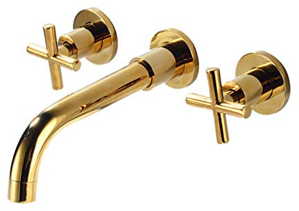 Wall Mount Tub Filler Faucet Gold High Flow Bathtub Faucet Two Handles Wall-Mounted Bathroom Faucet 2 Cross Handles 3 Holes Vanity Sink Mixer Tap Brass Rough-in Valve Included