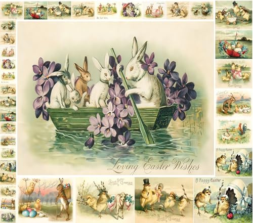 Decoupage Paper Pack (21 Sheets 6x8) Easter Chicks and Easter Bunny Scenes FLONZ Vintage Styled Easter Cards Pictures for Decoupage, Craft and Scrapbooking