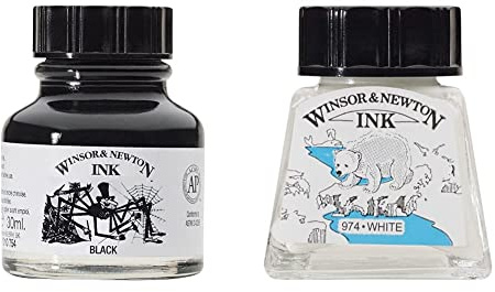 Winsor & Newton Tinta para Dibujo Drawing Ink - Frasco de 30ml, Tinta China Negra, Indian Ink, Resistente al Agua y la luz & Drawing Ink Tinta de Dibujo, Blanco (White), 14ml