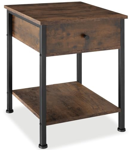tectake® Mesita de Noche de Estilo Industrial con Estante y Cajón, Mesa Auxiliar Salon, Mesitas de Noche, Decoracion Hogar, Muebles Salon - 40 x 40 x 55,5 cm Madera Industrial Oscura, Rústica