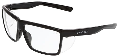 MCR Safety SR210 Swagger SR2 Series Safety Glasses with Thermo Plastic Rubber Nose Pads and Detachable Side Shields, Black Frame, Clear Lens