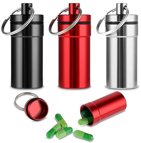 WLLHYF Wasserdichte Pillendose mit Schlüsselanhänger, 3 Stück, tragbar, klein, Aluminium, Pillen-Organizer, Medikamenten-Organizer, Vitaminbehälter-Halter für Outdoor-Reisen, Camping