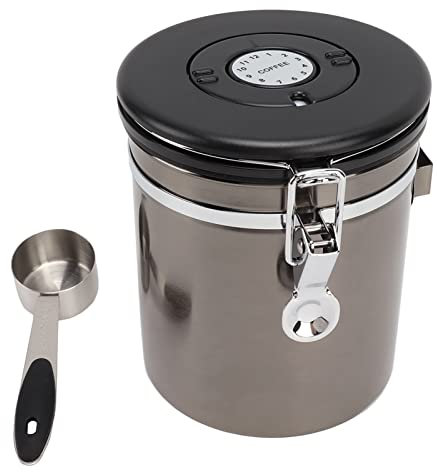 UPQRSG Boîte à Café Hermétique, Récipient de Stockage des Aliments de Cuisine en Acier Inoxydable Avec Couvercle de Suivi de la Date, Récipient de Stockage des Grains de Café Avec Cuillère(Noir)