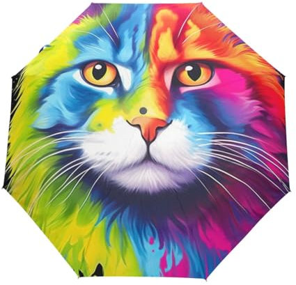GAIREG Faltbarer Regenschirm mit Katze mit regenbogenfarbenem Haar, automatisches Öffnen, kompakt, leicht, Reise-Regenschirme für Regen