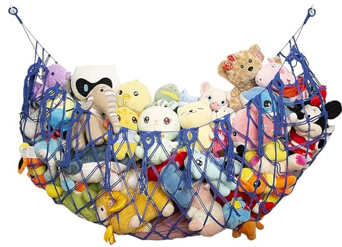 Amdermi Large Stuffed Animal Storage Net or Hammock for Wall Mounted Macrame Stuffed Animal Display For Boho Nursery Baby Boy Playroom Toy Organizers Pet Net-Blue