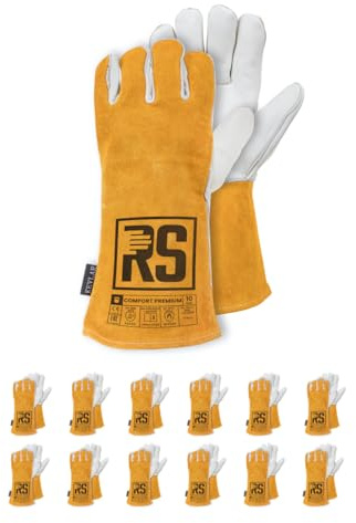 RS COMFORT PREMIUM Schweißerhandschuh MontageHandschuhe aus Rindsleder mit Kevlar Nähten/Größe 10, 12 Paar/Gelb Weiß/Arbeitshandschuhe Leder/Lederhandschuhe Schutzhandschuhe