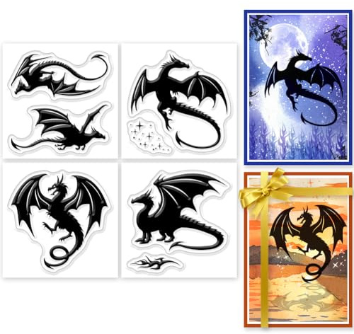 GLOBLELAND 4 mini sellos transparentes de dragón que respira fuego para bricolaje, álbumes de recortes, estrellas, llama, sellos de silicona, sellos transparentes para hacer tarjetas, álbumes de