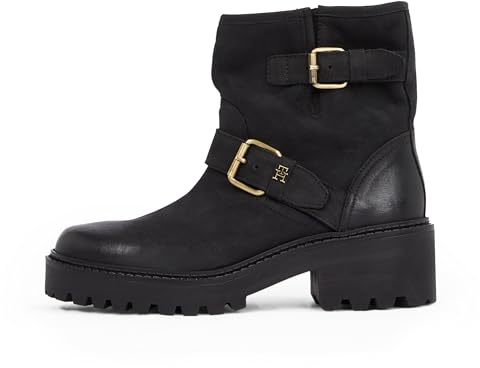 Tommy Hilfiger Bottes Mid Boot Femme Biker Double Buckle en Cuir, Noir (Black), 42