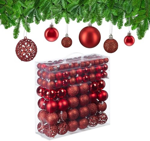 Relaxdays Set da 150 Palline di Natale, Addobbi Natalizi, Opache, Lucide, Glitterate, ∅ 3,4 e 6 cm, Decorazioni, Rosso