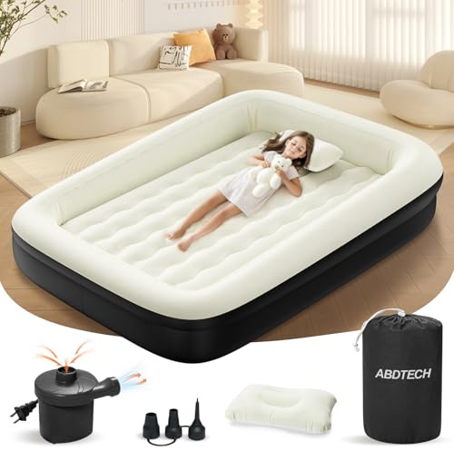 Abdtech Inflatable Toddler Travel Bed - 64 Inches Portable Toddler Air Mattress with Four Safety Sides - High-Speed Pump and Carry Bag - Comfortable Mattress & Easy to Inflate and Deflate - Black