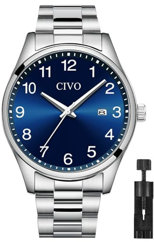 CIVO Herren Uhren Edelstahl Analog: Einfach Groß Ziffernblatt Armbanduhr Herren - Wasserdicht Blau Klassische Business Quarzuhr Geschenke für Männer