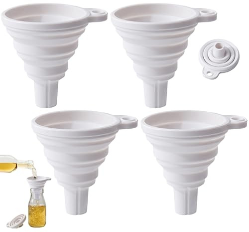 4 PCS Plegable FUNNEL ALIMENTO GRADO Soft Flexible Flexible Funro de silicona plegable para cocinar con agujero colgante Cocina pequeña para llenar botellas, transferencia de líquido (blanco) Embañer