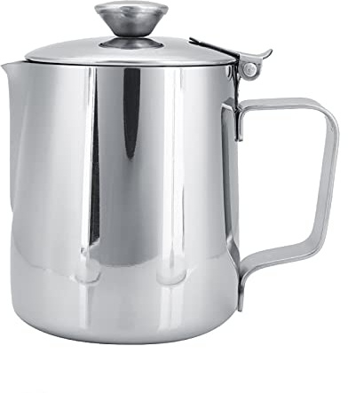 TIKATARER Brocca Schiuma di Latte in Acciaio Inossidabile con Coperchio, Brocca Arte del caffè da 250 Ml, Beccuccio Senza Gocciolamento per Latte e Cappuccino, Manico Ergonomico, Home & Cafe (250ml)