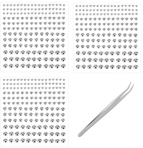 Shimmeroo 495 PCS Silver Face Gems, 3 Sheets Non-piercing Fake Piercing Stickers with Tweezers - Adhesive Studs for Nose, Lip, Eyebrow, Belly | Y2k Punk Cosplay Accessories for Women & Men