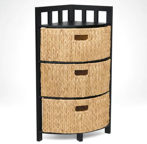 HOMESTEAD 3-Tier Corner Storage Cabinet with Water Hyacinth Baskets – Solid Wood Frame, Fully Assembled, Rustic Decorative Shelf for Living Room, Bedroom, Entryway