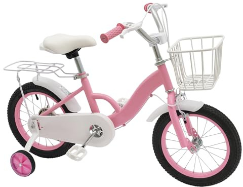 Bicicleta infantil de 14 pulgadas, bicicleta de aprendizaje de equilibrio y pedales, con ruedas estabilizadoras y cesta, asiento y manillar de altura ajustable, robusta, para niños y niñas de 3-5 años
