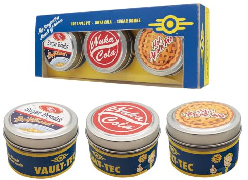 Set di candele profumate Fallout Vault Dweller's - Trio ufficiale di cera di soia ispirato a Apple Pie, Nuka‑Cola e Sugar Bombs - Merchandise da gioco
