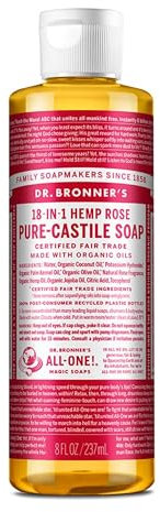 Dr Bronner's Rose Pure Castole Liquid Soap, Made with Organic Oils, Used for Face, Body, Hair, Laundry, Pets and Dishes, Certified Fair Trade & Vegan Friendly, 237ml Recycled Bottle