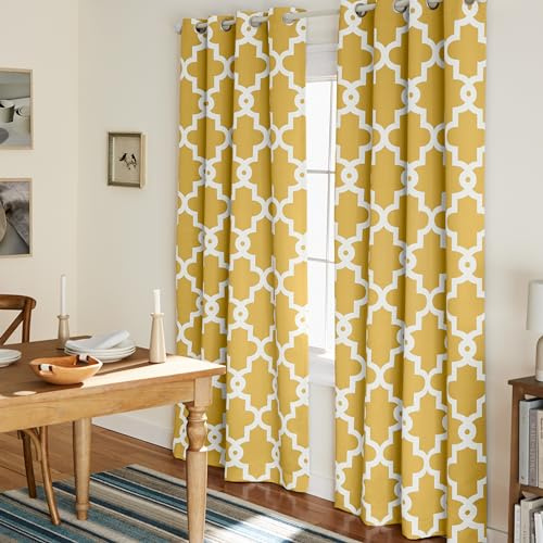 TOWN & COUNTRY EVERYDAY Ironwork Geo Trellis Sateen Indoor Curtains, Room Darkening Blackout, Grommet Top, Energy Efficient, 2-Pack Set, 52x84, Sundress Yellow