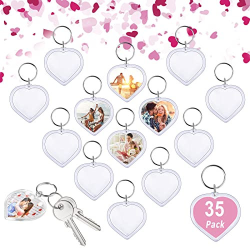 Heqishun 35 Pcs Porte-clés Photo Vierge Porte-Clés Transparent Vierge en Acrylique Porte-Clés en Ceur Personnalisé avec Anneau Brisé pour Photo DIY Souvenir Artisanat