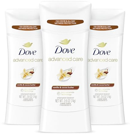 Dove Advanced Care Antiperspirant Deodorant Stick Vanilla & Cocoa Butter 3 Count Antiperspirant deodorant with Pro-Ceramide Technology 72-hour odor control and all-day sweat protection 2.6 oz