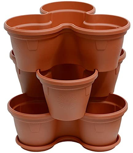 Engelland 3X Blumentopf, Säulentopf, Pflanzturm, Hochbeet, Pflanztopf-Kübel mit Untersetzer, stapelbar, widerstandsfähig, Kunststoff, für Außenbereich, 33 Liter, Farbe: Terrakotta