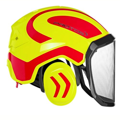 Protos Integral Forest Schutzhelm 204002-21 – Neongelb-Rot – KWF-Profi Zertifiziert – Integrierter Gehörschutz, 360° Belüftung