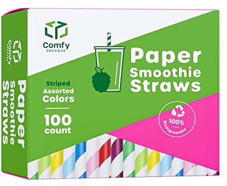 Comfy Package [100 Pack] 10 mm Jumbo Striped Paper Smoothie Straws, 100% Biodegradable Paper Boba Straws, Disposable Milkshake Straws - Assorted Colors