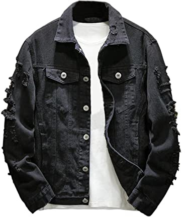 SHINROAD Herr jeansjacka jeans rippat hål enfärgad nedfällbar krage streetwear höst vinter lös för resa svart L