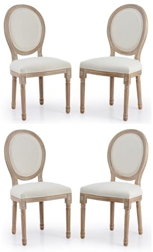 VONLUCE Accent Chairs Set of 4, French Upholstered Dining Chairs for Bedroom Living Room Kitchen, Vintage Vanity Chair with Oval Birch Backrests Rubberwood Legs, Louis XVI Farmhouse Home Decor, Beige