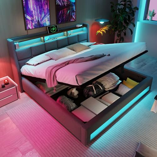 Polsterbett 180x200 cm, Doppelbett mit Stauraum und Lattenrost, LED Kopfteil mit Staufach und USB Ladefunktion, Hydraulisch Stauraumbett Funktionsbetten Rückenlehne Bettgestell, Ohne Matratze, Grau