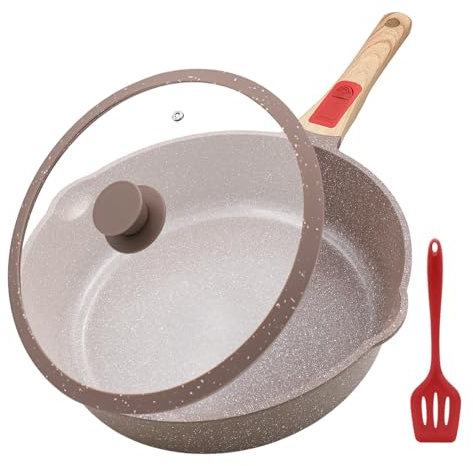 AIKENBBKK Keramik Pfanne 28 cm mit Deckel, Antihaft Keramikbeschichtung Bratpfanne 28 cm mit Abnehmbarer Griff, Geeignet für alle Herdarten, Backofenfest (Braun)