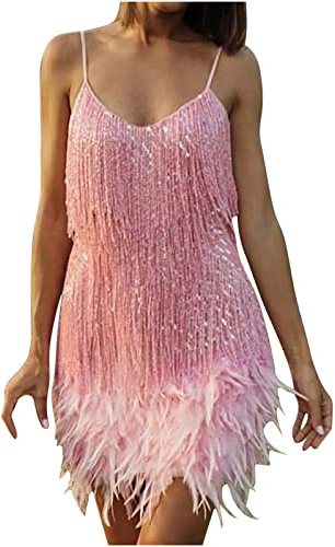 2024 Robe Disco Sans Manches en Plumes à Sequins à Franges de Couleur Unie pour Femmes - Paillettes Bretelles Spaghetti Cocktail Soirée