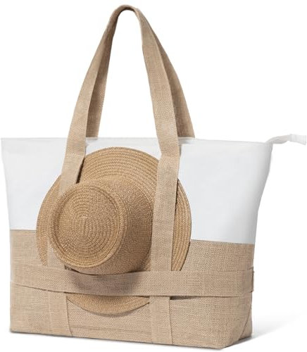 Reiseresa Strandtasche Damen Groß mit Reißverschluss XXL Badetasche Saunatasche Reisetasche Shopper für Strand Reisen Einkaufen Sport u.Arbeit (Beige)