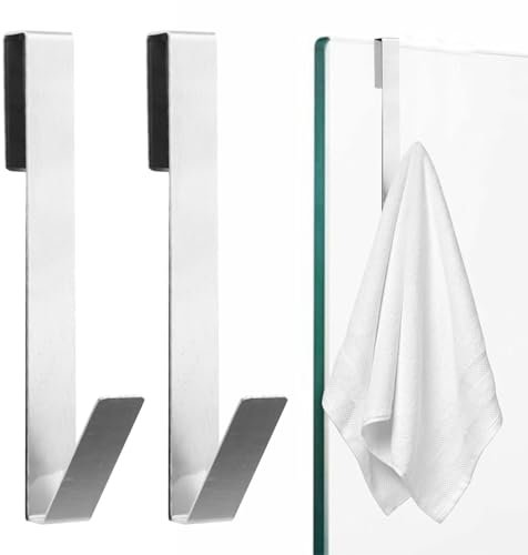 Vierone 2Pcs Shower Door Hooks Sliver 10 Inch Shower Screen Towel Holder Frameless Glass Shower Door Hook Bathrooms Hanging Door Hook Stainless Steel Towel Rail Hooks Removable Shower Hooks