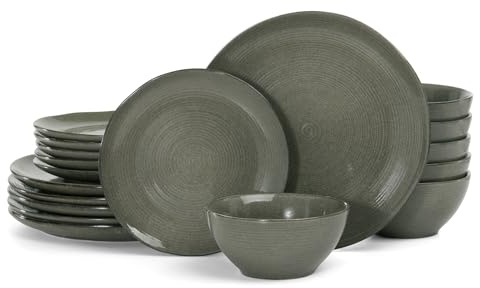 Richmount Tempus 18-Piece Dinner Set, Irregularly Shaped Swirl Stoneware Plates and Bowls Set, Dinner Sets for 6 People, Dinner Plates/Dessert Plate/Soup Bowl, Glazed Ceramic Dinnerware Set, DarkOlive