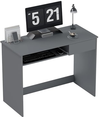 HOMCOM 100cm Compact Computer Desk with Keyboard Tray, Home Office Desk with Drawer for Bedroom Study, Grey