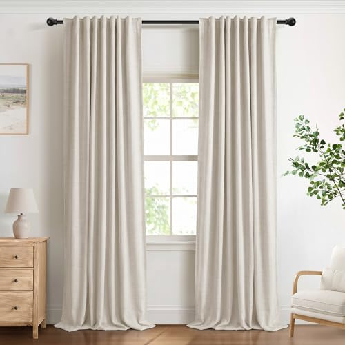 DEFYNEE 100% Blackout Curtains 2 Panels, 50 W x 90 L, Cream | Faux Linen, Blackout Coated Back, Thermal, Reduces Noise, Privacy Protection, Back Tab & Pole Pocket, Bedroom & Living Room