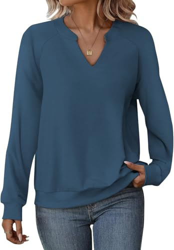 Cuptacc Pullover Damen Oberteile Elegant Basic Langarmshirt Damen Lange Ärmel V-Ausschnitt Lässig Top Blaugrau XL 46-48