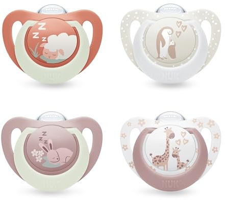NUK First Choice Day & Night Chupete para bebé | 0-6 meses | Chupetes ortodónticos que brillan en la oscuridad | Calma al 99% de los bebés** | Surtido | 4 unidades
