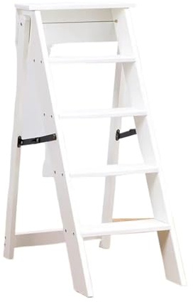 Silla Alta portátil, Taburete Plegable de 5 escalones, Escalera Madera Ligera, Silla Multiusos, Carga máxima 120 kg, diseño Compacto(White)