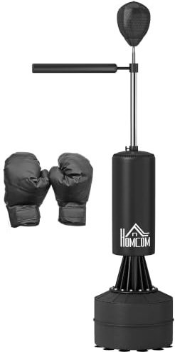 HOMCOM Saco de Boxeo Pie 155-205 cm con Barra Giratoria 360 | Bola de Velocidad, Base Rellenable, Punching Ball para Adultos, Entrenamiento MMA, Muay Thai, Fitness