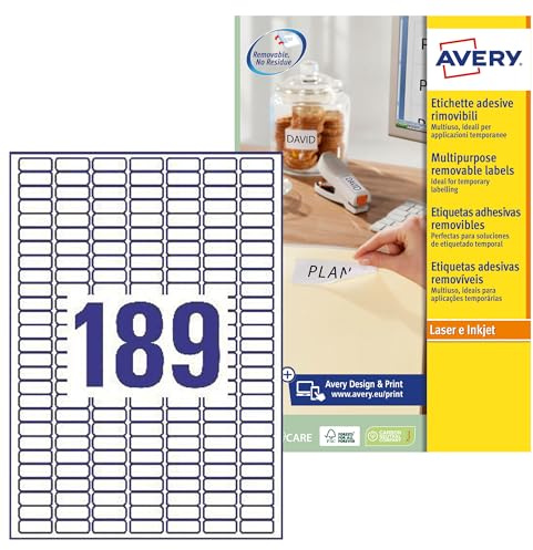 Avery España L4731REV-25 Etiquetas adhesivas papel blanco adhesivo removible sin residuos, 25 hojas A4, rectangulares 25,4x10mm, 189 etiquetas por hoja, adhesivo removible, impresora láser/inkjet