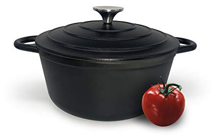 Cast Iron Pot with Lid Non-Stick Enamelled Casserole Dish - Oven Safe Heavy Duty Dutch Oven – 24cm Round – Black 3.7L