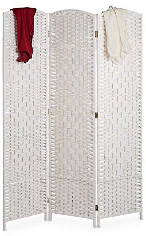 Relaxdays Paravent Raumteiler, HxB: 170 x 120 cm, Faltbarer Raumtrenner, 3-teiliger Sichtschutz, Holz & Papierseil, weiß