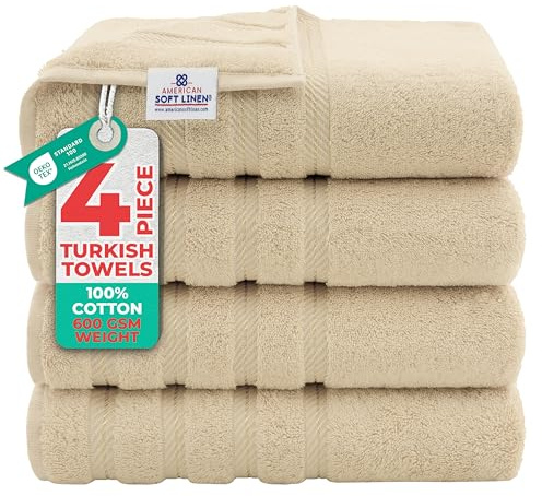 American Soft Linen Luxury 4 Piece Bath Towel Set, 100% Cotton Turkish Bath Towels for Bathroom, 27x54 in Extra Large Bathroom Shower Towels, Beige Bath Towels